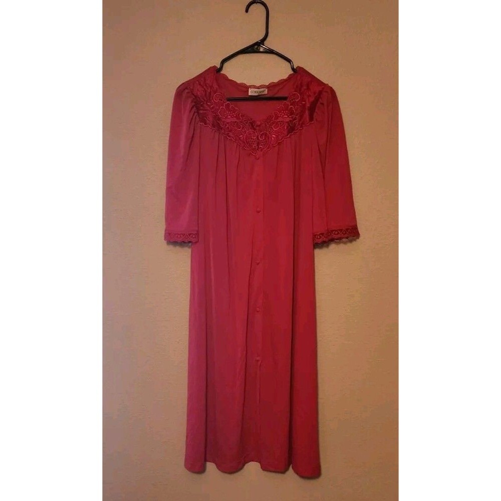 Lorraine Pink Lace Trim Embroidered Short Sleeve Nap Dress Nightgown  Sz L